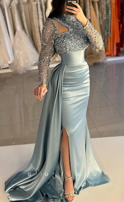 G3817 - Chic & Modern Sheath High Neck Sequined and Draped Formal Party Gown Prom Dress with Overlay