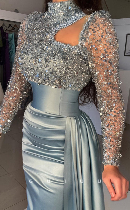 G3817 - Chic & Modern Sheath High Neck Sequined and Draped Formal Party Gown Prom Dress with Overlay