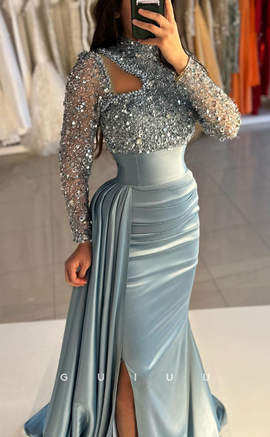 G3817 - Chic & Modern Sheath High Neck Sequined and Draped Formal Party Gown Prom Dress with Overlay