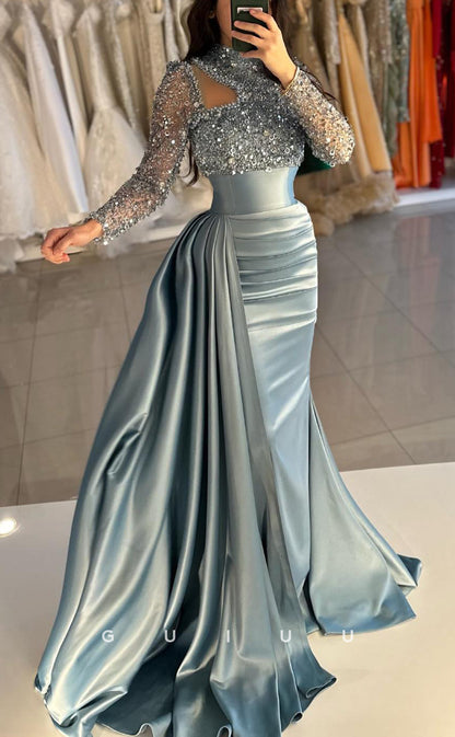 G3817 - Chic & Modern Sheath High Neck Sequined and Draped Formal Party Gown Prom Dress with Overlay