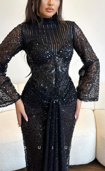G3821 - Chic & Modern Sheath High Neck Fully Beaded and Sequined Draped Evening Party Gown with Long Sleeves