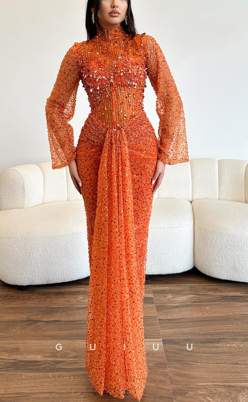 G3821 - Chic & Modern Sheath High Neck Fully Beaded and Sequined Draped Evening Party Gown with Long Sleeves