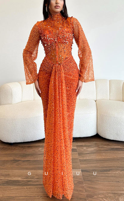 G3821 - Chic & Modern Sheath High Neck Fully Beaded and Sequined Draped Evening Party Gown with Long Sleeves