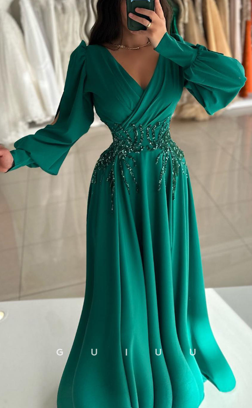 G3829 - Chic & Modern A-Line V-Neck Draped and Beaded Floor-Length Party Gown Prom Dress with Long Bishop Sleeves