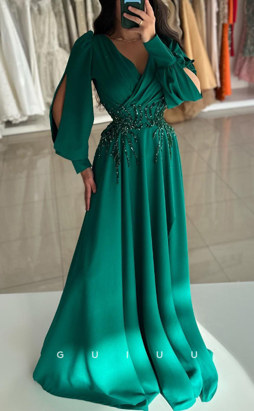 G3829 - Chic & Modern A-Line V-Neck Draped and Beaded Floor-Length Party Gown Prom Dress with Long Bishop Sleeves