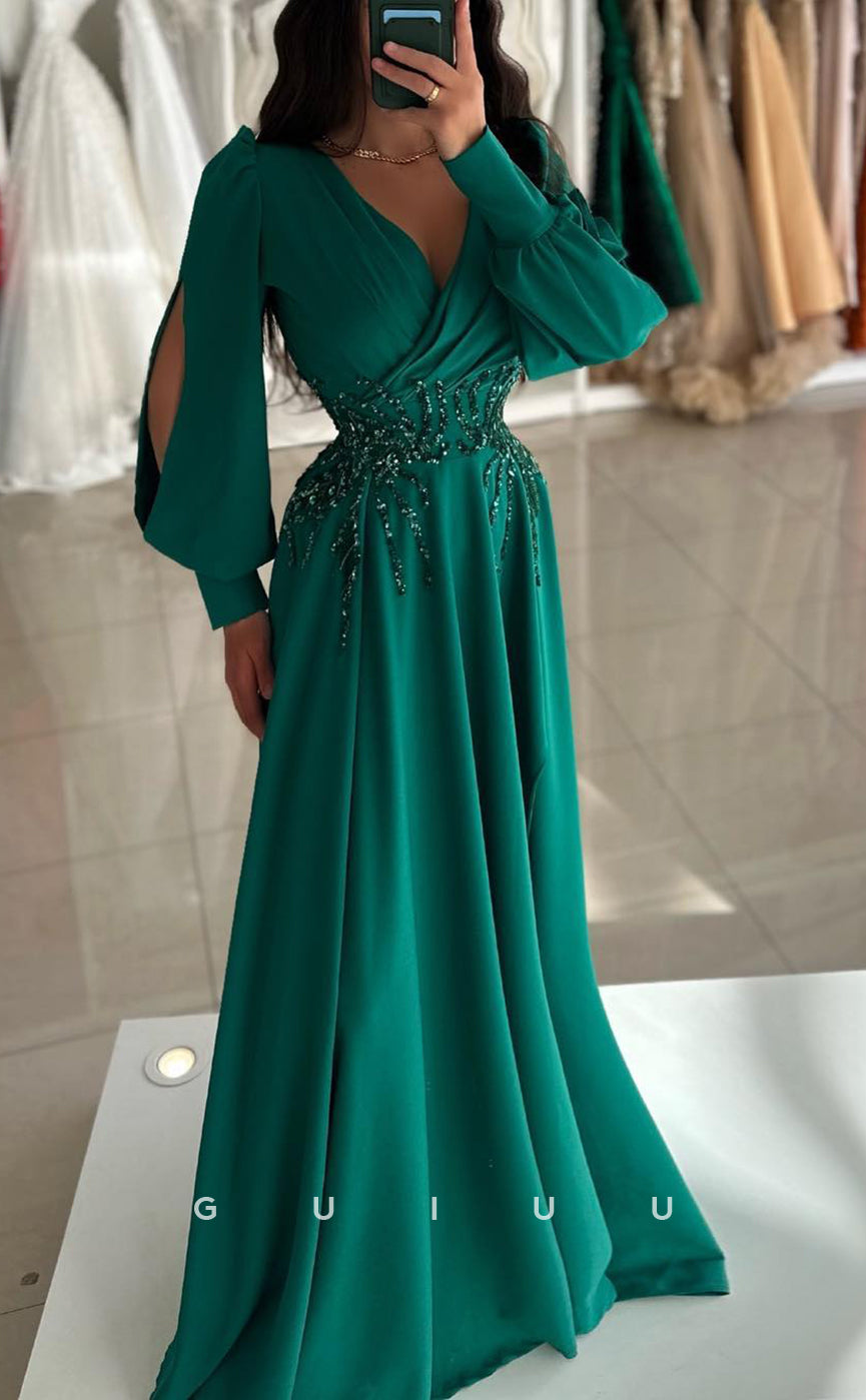 G3829 - Chic & Modern A-Line V-Neck Draped and Beaded Floor-Length Party Gown Prom Dress with Long Bishop Sleeves
