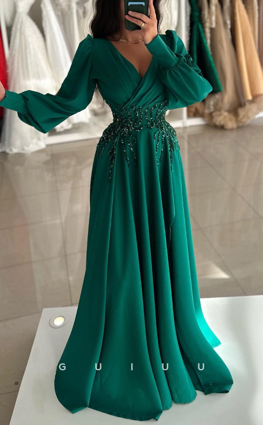 G3829 - Chic & Modern A-Line V-Neck Draped and Beaded Floor-Length Party Gown Prom Dress with Long Bishop Sleeves
