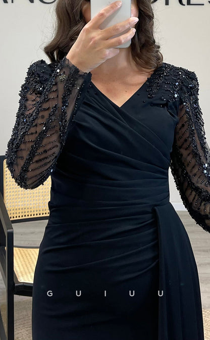 G3831 - Chic & Modern Sheath V-Neck Beaded Sequined and Draped Formal Party Prom Dress with Long Sleeves and Overlay