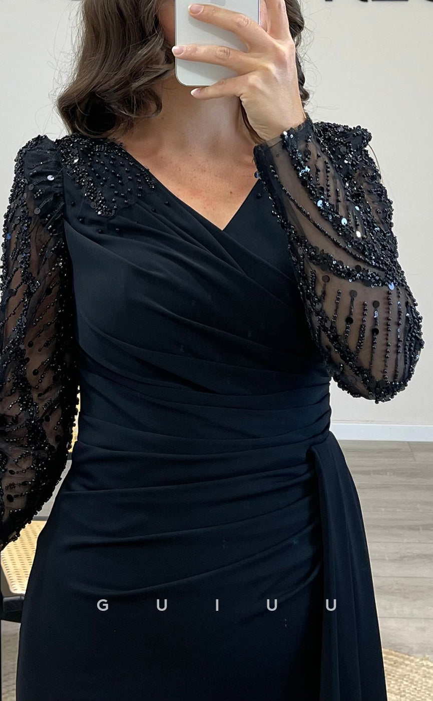 G3831 - Chic & Modern Sheath V-Neck Beaded Sequined and Draped Formal Party Prom Dress with Long Sleeves and Overlay
