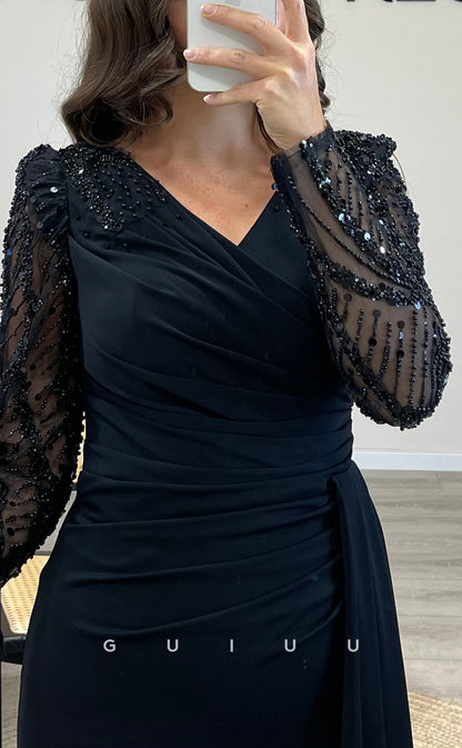 G3831 - Chic & Modern Sheath V-Neck Beaded Sequined and Draped Formal Party Prom Dress with Long Sleeves and Overlay