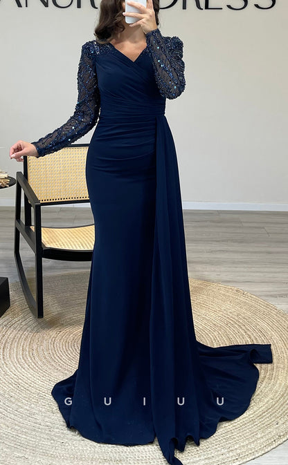 G3831 - Chic & Modern Sheath V-Neck Beaded Sequined and Draped Formal Party Prom Dress with Long Sleeves and Overlay