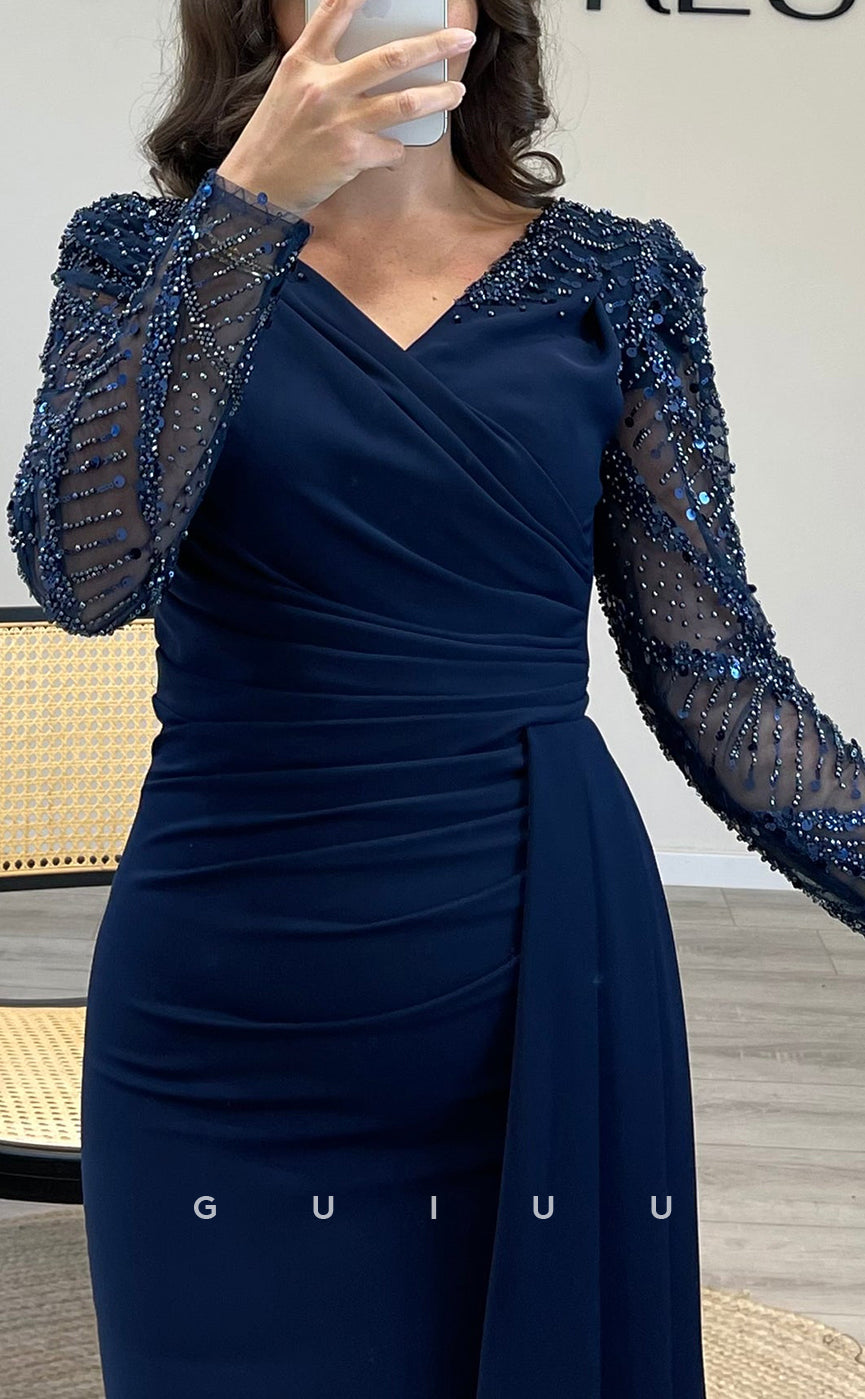 G3831 - Chic & Modern Sheath V-Neck Beaded Sequined and Draped Formal Party Prom Dress with Long Sleeves and Overlay