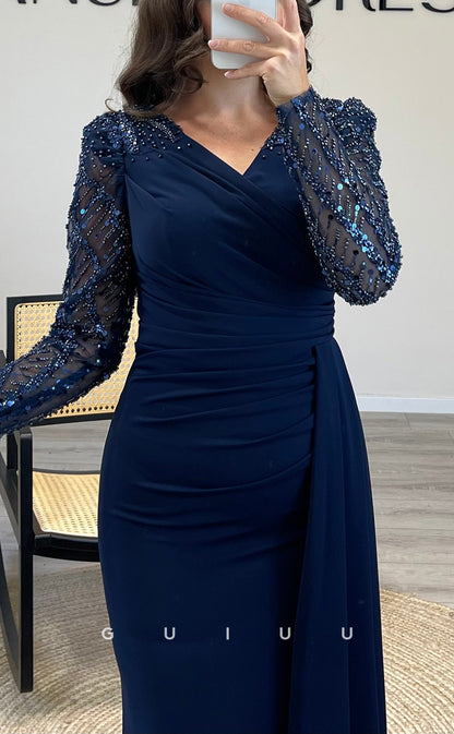 G3831 - Chic & Modern Sheath V-Neck Beaded Sequined and Draped Formal Party Prom Dress with Long Sleeves and Overlay