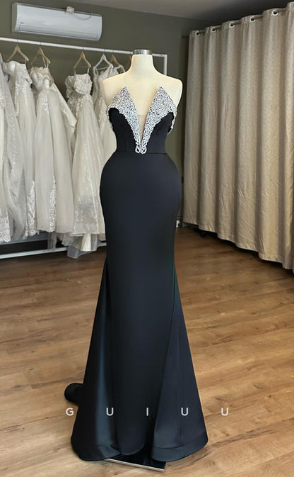 G3891 - Classic & Timeless Sheath V-Neck Floral Beaded Formal Party Gown Prom Dress with Sweep Train