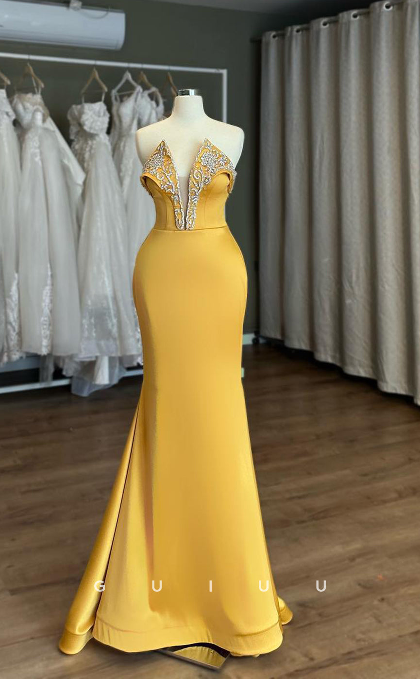 G3891 - Classic & Timeless Sheath V-Neck Floral Beaded Formal Party Gown Prom Dress with Sweep Train