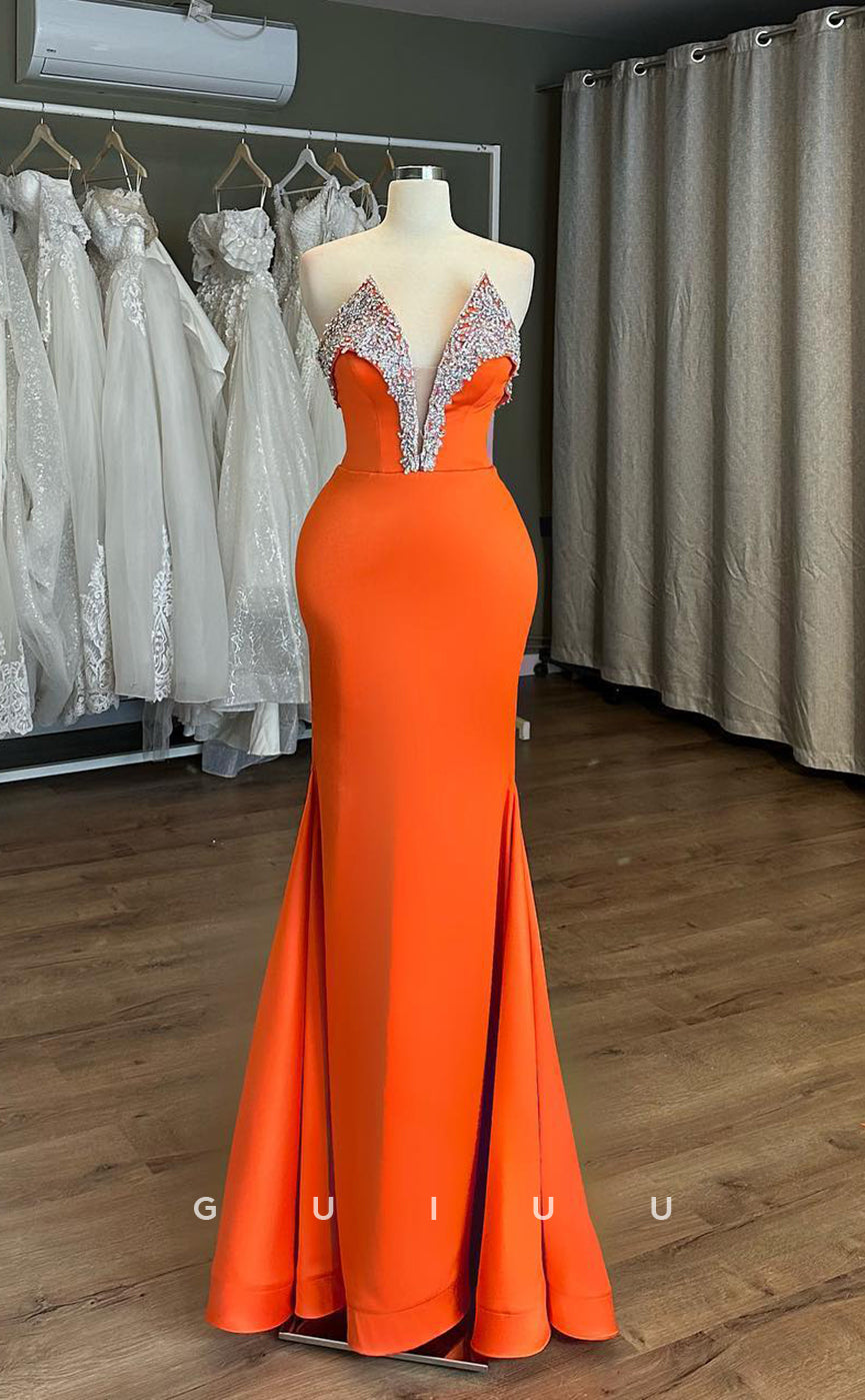 G3891 - Classic & Timeless Sheath V-Neck Floral Beaded Formal Party Gown Prom Dress with Sweep Train