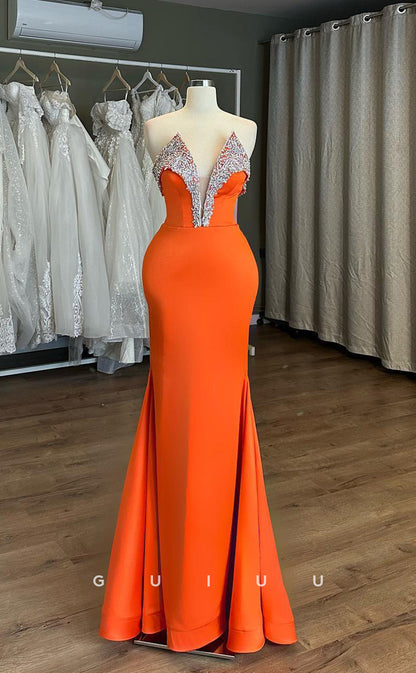 G3891 - Classic & Timeless Sheath V-Neck Floral Beaded Formal Party Gown Prom Dress with Sweep Train