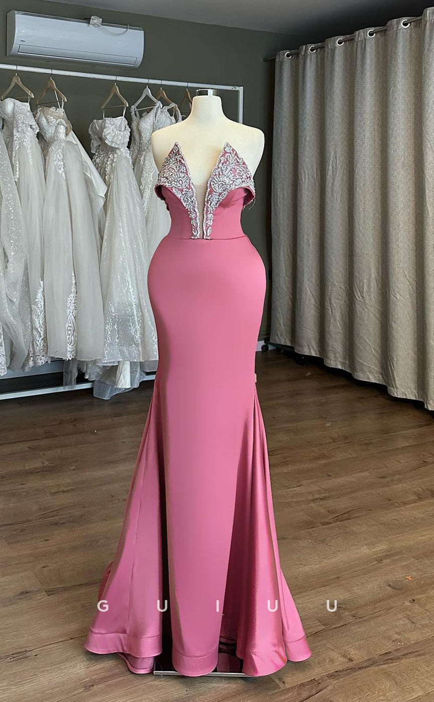 G3891 - Classic & Timeless Sheath V-Neck Floral Beaded Formal Party Gown Prom Dress with Sweep Train