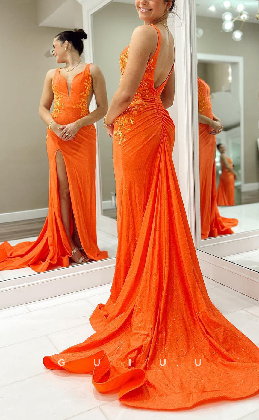 G3898 - Sexy & Hot Sheath V-Neck Straps Floral Appliqued and Sequined Party Gown Prom Dress with High Side Slit and Sweep Train