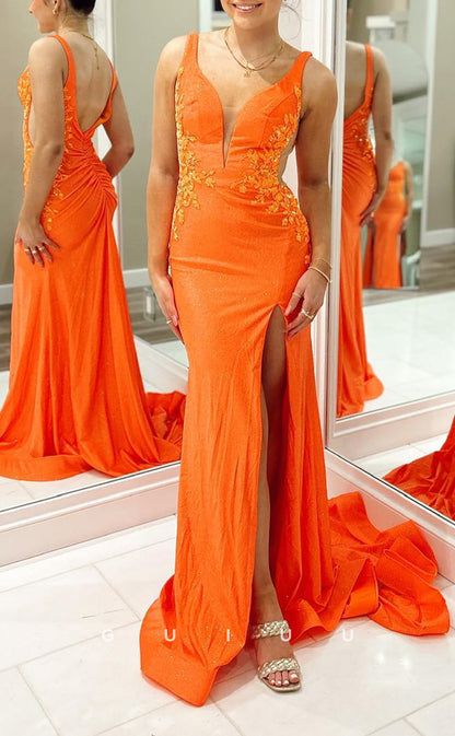 G3898 - Sexy & Hot Sheath V-Neck Straps Floral Appliqued and Sequined Party Gown Prom Dress with High Side Slit and Sweep Train