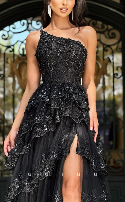 G3901 - Chic & Modern A-Line One Shoulder Floral Emboidered and Beaded Ballgown Party Prom Dress with High Side Slit