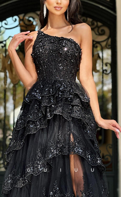 G3901 - Chic & Modern A-Line One Shoulder Floral Emboidered and Beaded Ballgown Party Prom Dress with High Side Slit