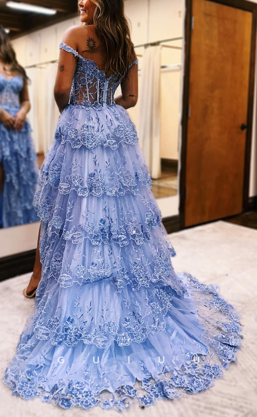 G3902 - Classic & Timeless A-Line Off Shoulder Floral Embroidered Appliqued and Sequined Ballgown Prom Dress with High Side Slit and Sweep Train