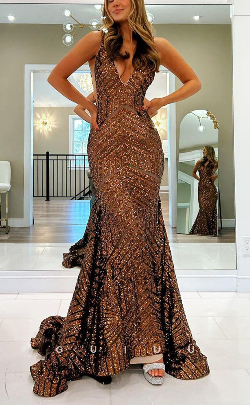 G3906 - Sexy & Hot Mermaid V-Neck and V-Back Straps Fully Sequined Cut-Outs Party Gown Prom Dress with Sweep Train