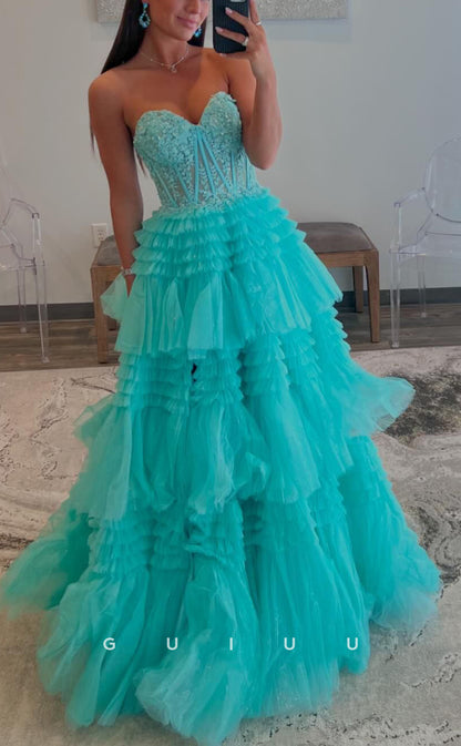 G3913 - Chic & Modern A-Line Sweetheart Floral Appliqued and Sequined Ballgown Prom Dress with High Side Slit