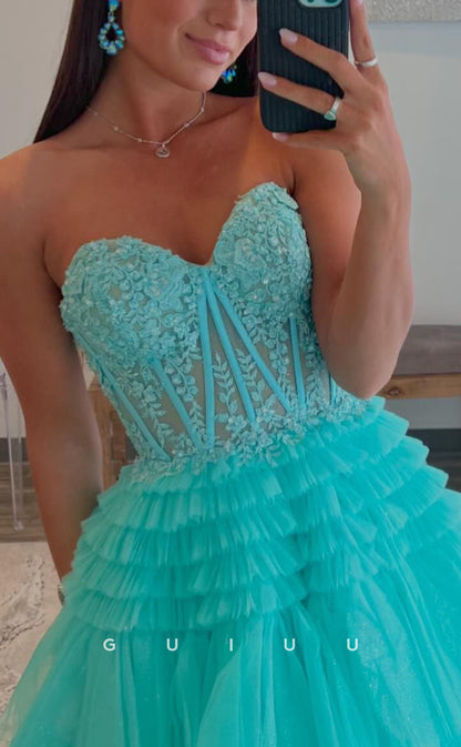 G3913 - Chic & Modern A-Line Sweetheart Floral Appliqued and Sequined Ballgown Prom Dress with High Side Slit