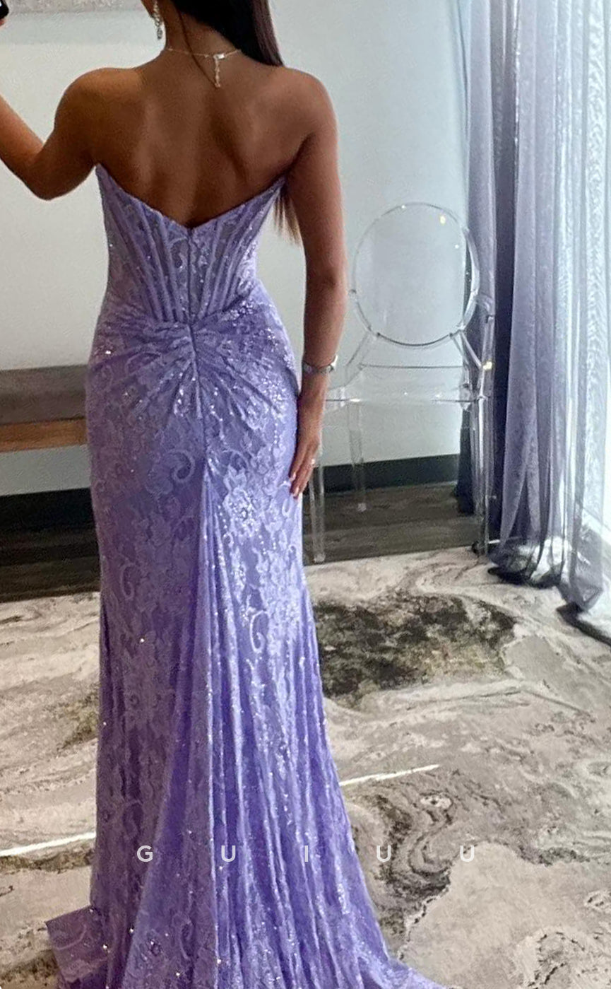 G3921 - Sexy & Hot Sheath Strapless Floral Appliqued and Sequined Party Gown Prom Dress with High Side Slit and Pleats