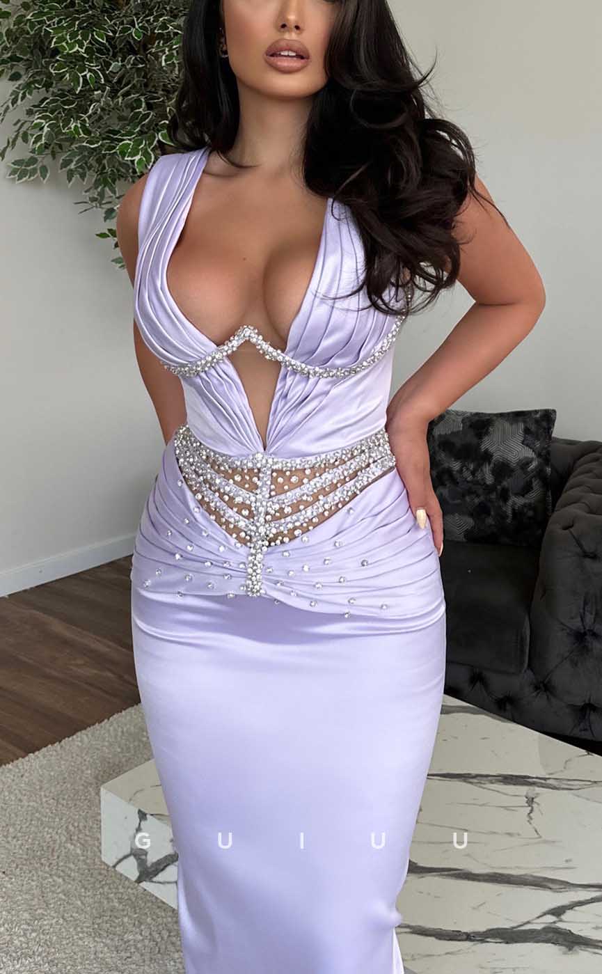 G3953 - Sexy & Hot Sheath V-neck Straps Beaded and Draped Long Party Gown Prom Dress