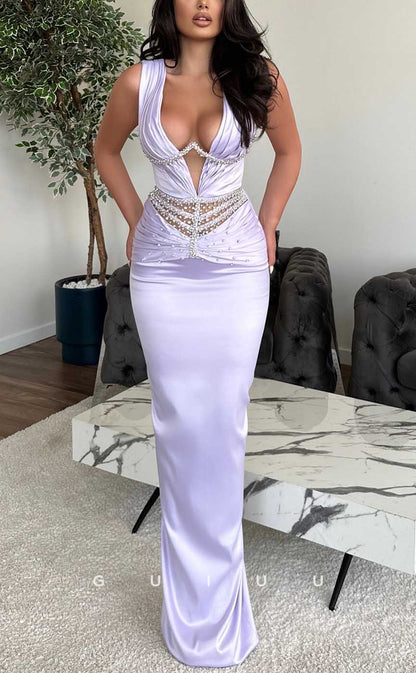 G3953 - Sexy & Hot Sheath V-neck Straps Beaded and Draped Long Party Gown Prom Dress