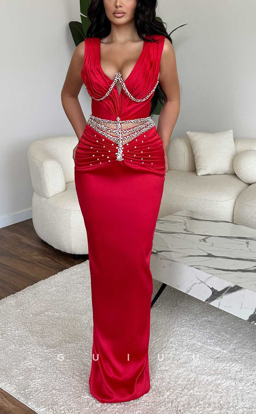 G3953 - Sexy & Hot Sheath V-neck Straps Beaded and Draped Long Party Gown Prom Dress