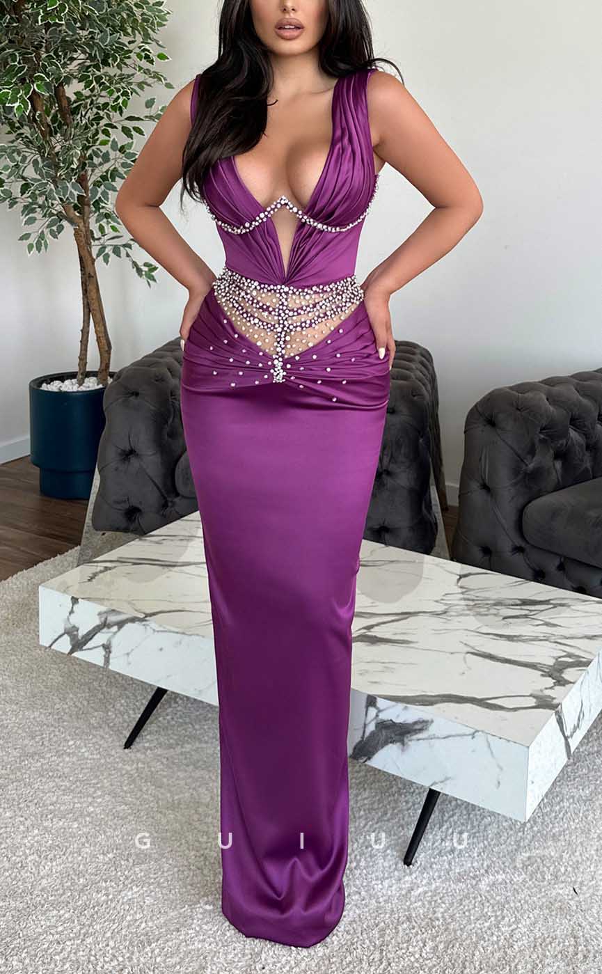 G3953 - Sexy & Hot Sheath V-neck Straps Beaded and Draped Long Party Gown Prom Dress