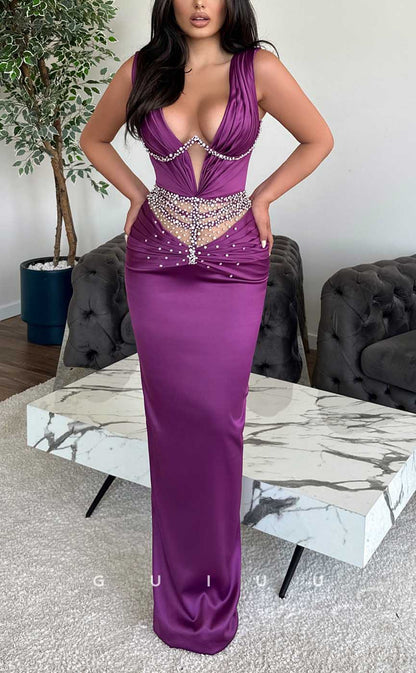 G3953 - Sexy & Hot Sheath V-neck Straps Beaded and Draped Long Party Gown Prom Dress