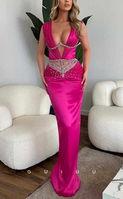 G3953 - Sexy & Hot Sheath V-neck Straps Beaded and Draped Long Party Gown Prom Dress