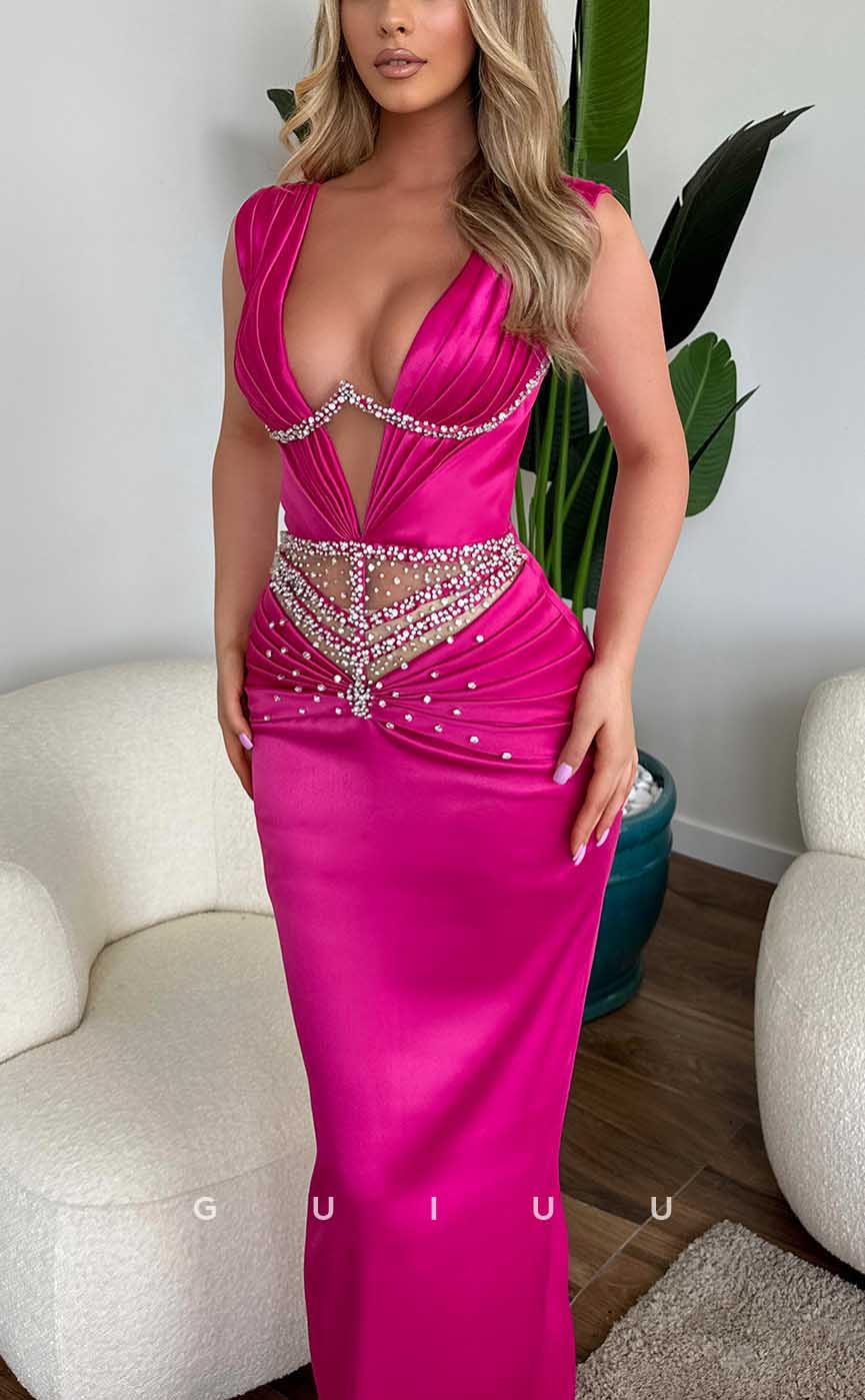 G3953 - Sexy & Hot Sheath V-neck Straps Beaded and Draped Long Party Gown Prom Dress