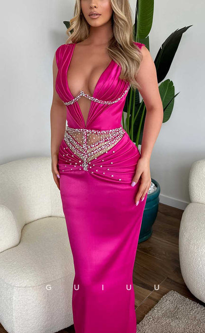 G3953 - Sexy & Hot Sheath V-neck Straps Beaded and Draped Long Party Gown Prom Dress