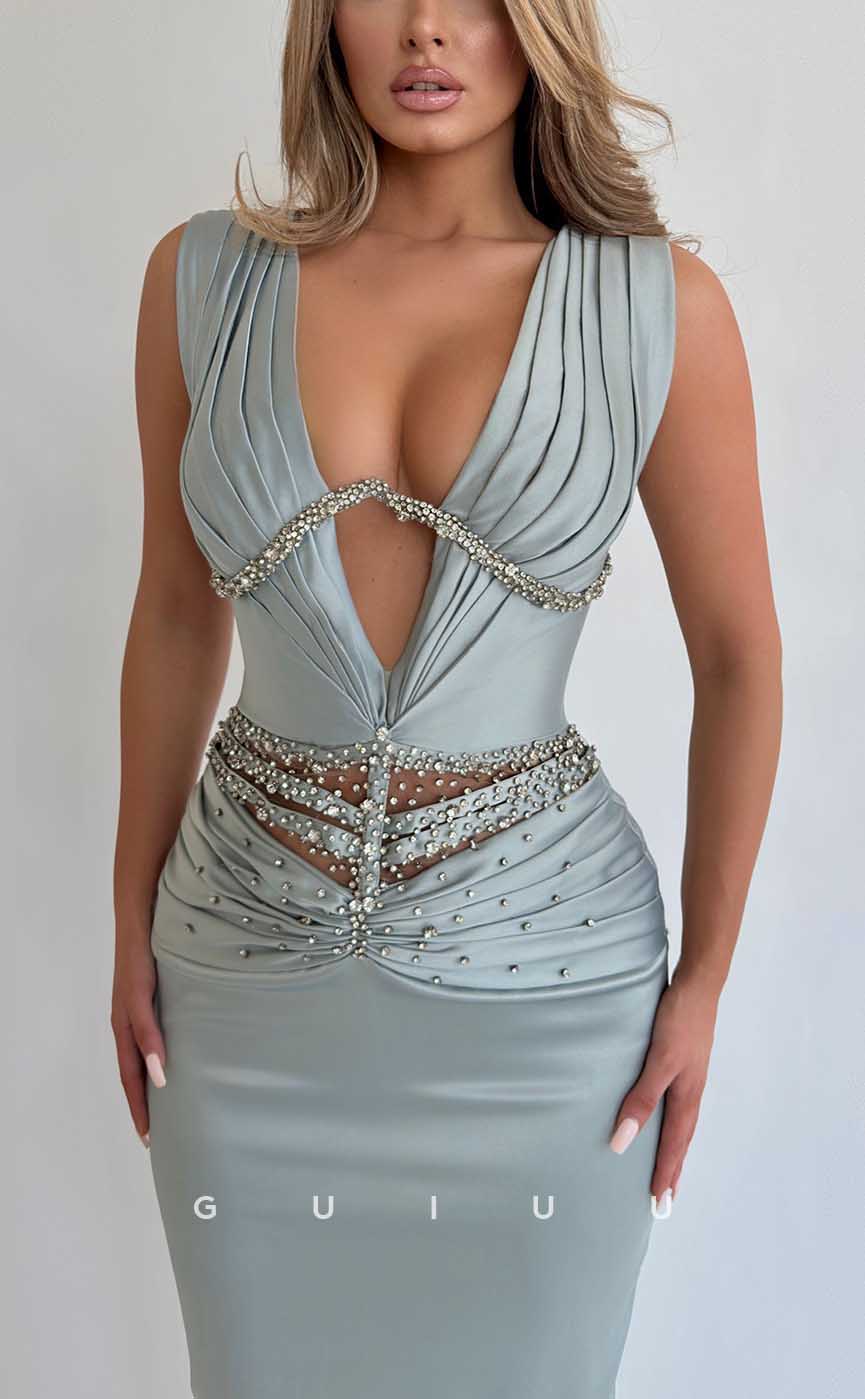G3953 - Sexy & Hot Sheath V-neck Straps Beaded and Draped Long Party Gown Prom Dress