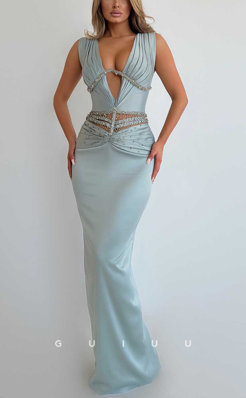 G3953 - Sexy & Hot Sheath V-neck Straps Beaded and Draped Long Party Gown Prom Dress