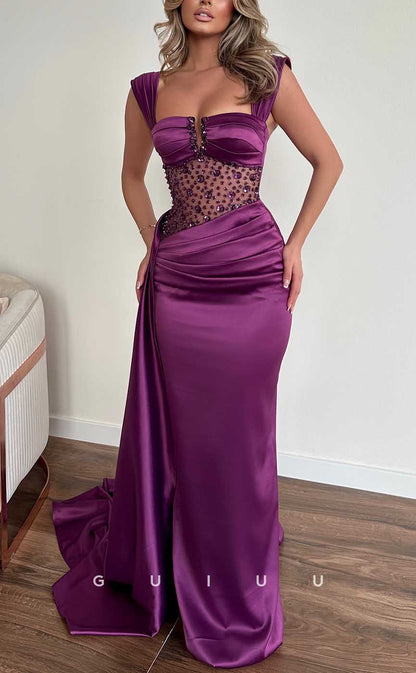 G3954 - Chic & Modern Sheath Square Illusion Beaded and Draped Long Formal Party Prom Dress with Overlay