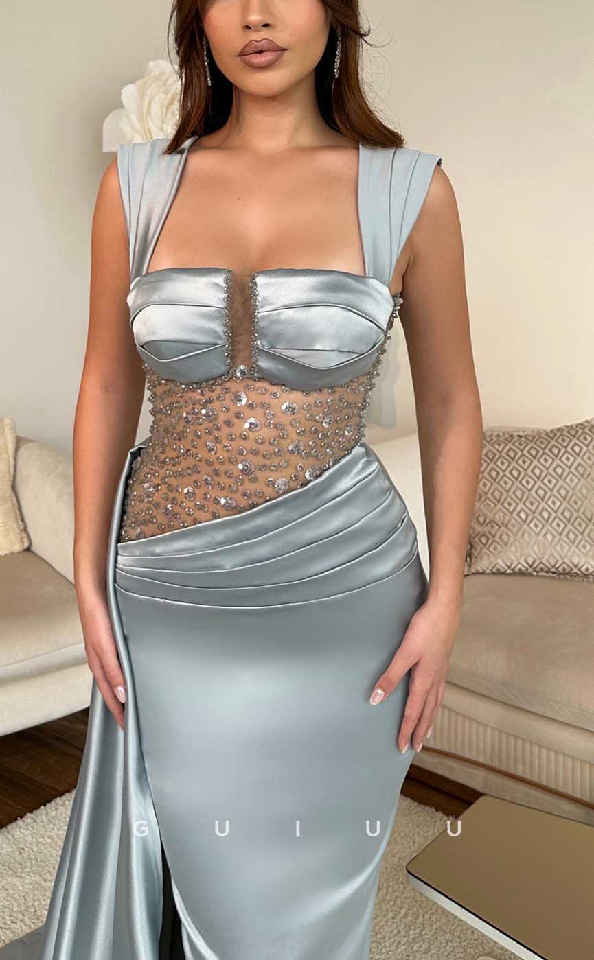 G3954 - Chic & Modern Sheath Square Illusion Beaded and Draped Long Formal Party Prom Dress with Overlay