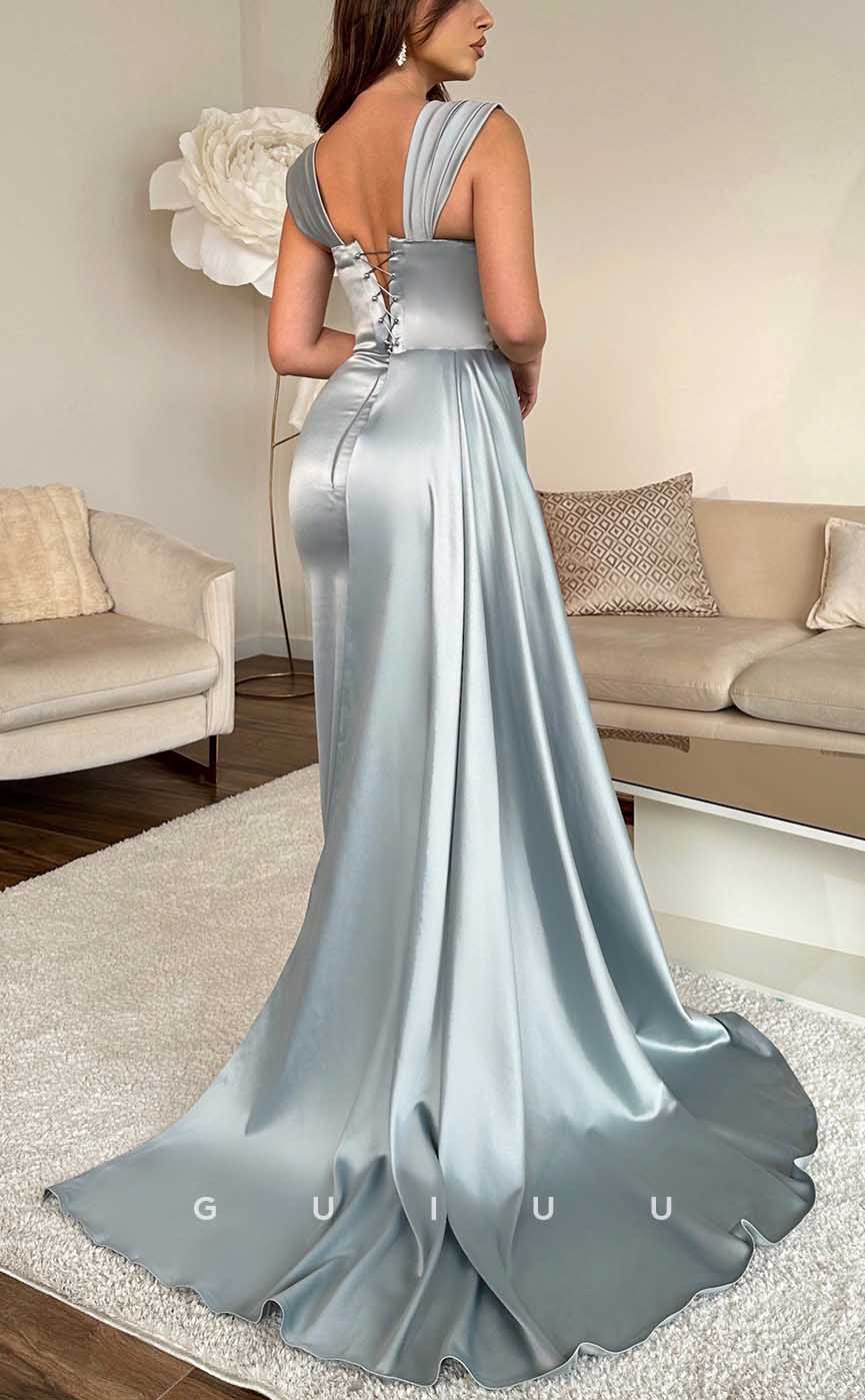 G3954 - Chic & Modern Sheath Square Illusion Beaded and Draped Long Formal Party Prom Dress with Overlay