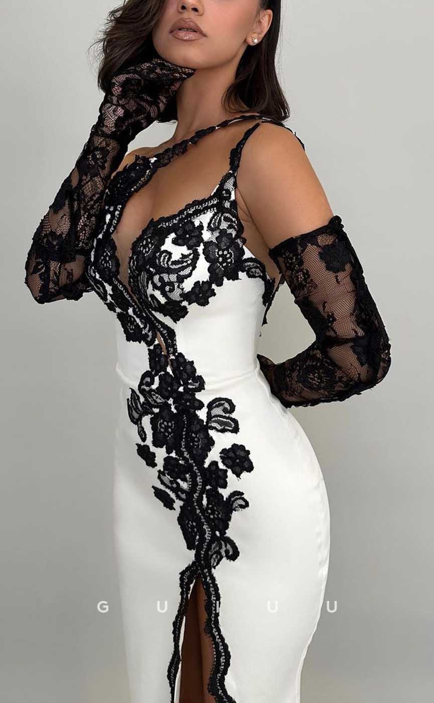 G3975 - Sexy & Hot Sheath Asymmetrical One Shoulder Floral Embriodered Evening Party Gown Prom Dress with High Slit and Long Gloves