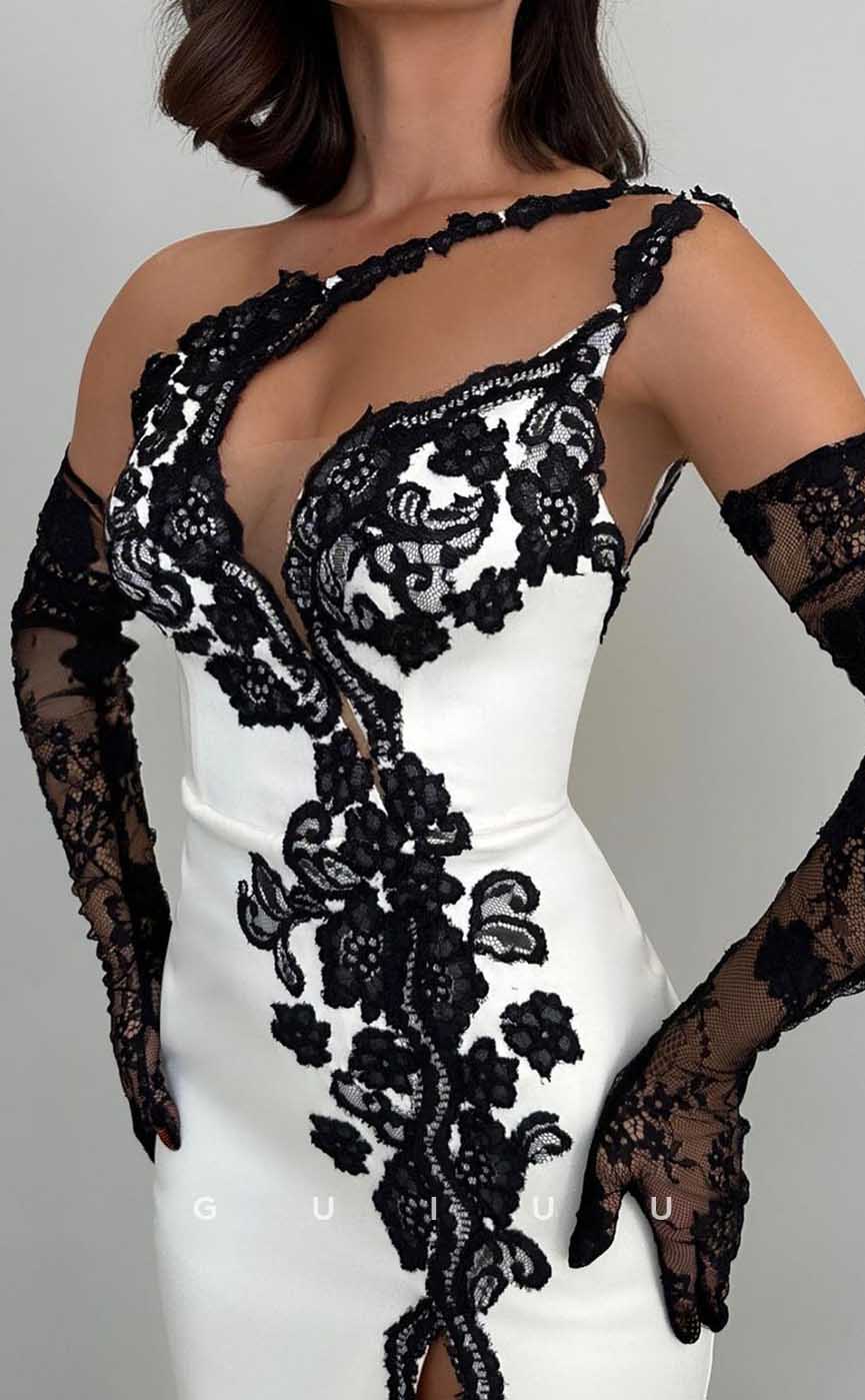G3975 - Sexy & Hot Sheath Asymmetrical One Shoulder Floral Embriodered Evening Party Gown Prom Dress with High Slit and Long Gloves
