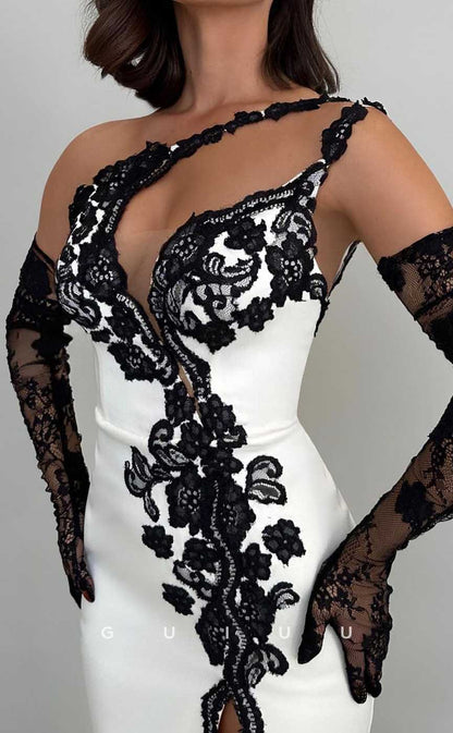 G3975 - Sexy & Hot Sheath Asymmetrical One Shoulder Floral Embriodered Evening Party Gown Prom Dress with High Slit and Long Gloves