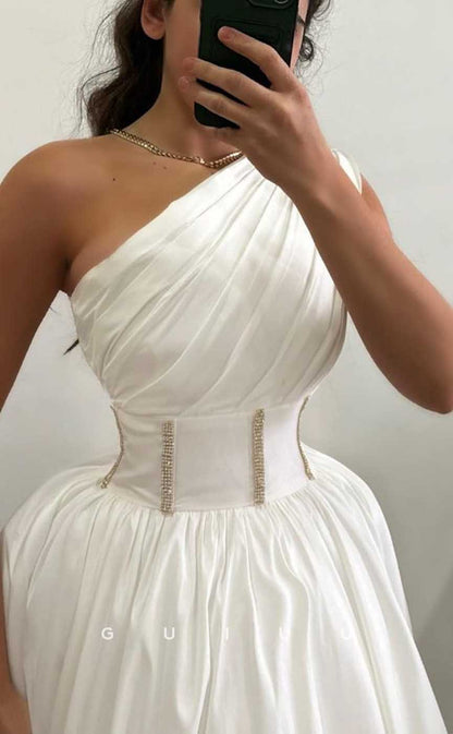 G3978 - Chic & Modern A-Line One Shoulder Beaded and Draped Ankle-Length Formal Party Prom Dress