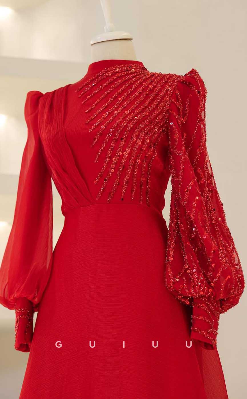 G3995 - Classic & Timeless A-Line High Neck Sequined and Beaded Formal Party Prom Dress with Long Bishop Sleeves and Pleats