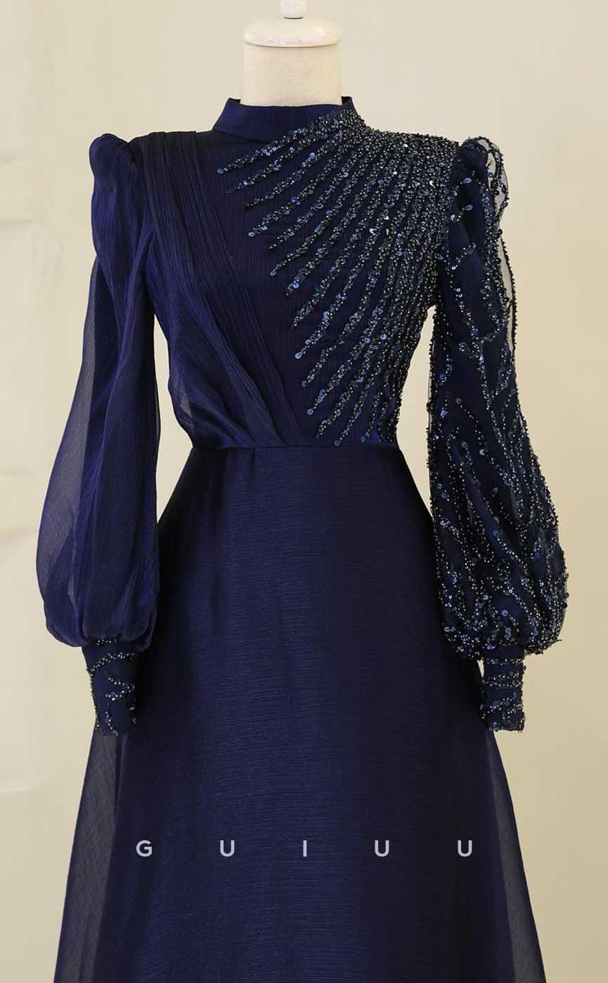 G3995 - Classic & Timeless A-Line High Neck Sequined and Beaded Formal Party Prom Dress with Long Bishop Sleeves and Pleats